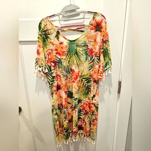 Tropical Floral Tassel Swim Cover-Up Kaftan Dress Beachwear S/M NWT